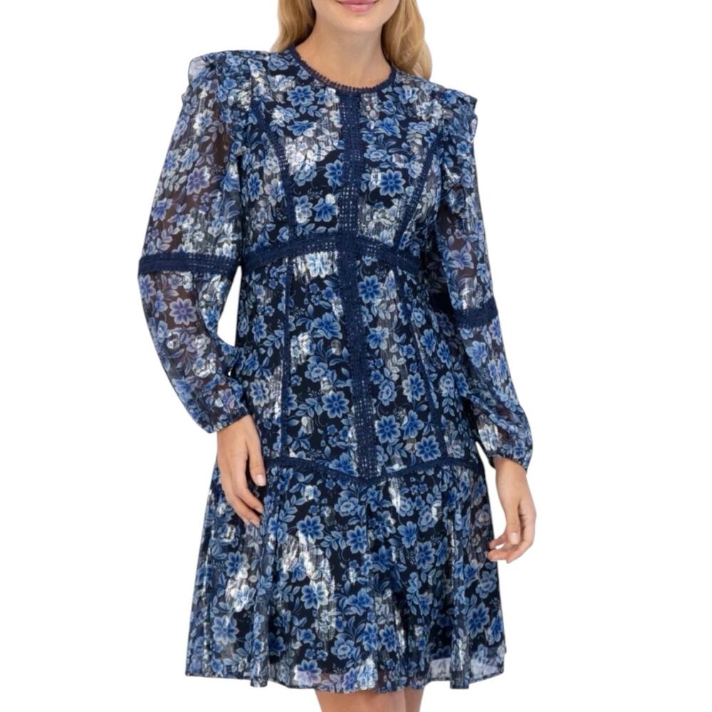 NWT Eliza J Blue Printed Balloon Sleeve Tiered Dress Size 8